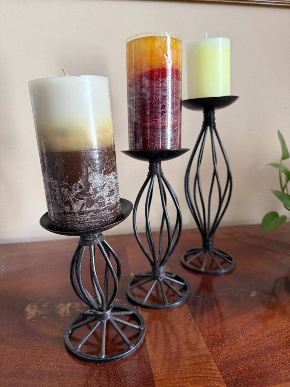 Set of 3 Black Metal Iron Scroll Pillar Candle Stand Holders